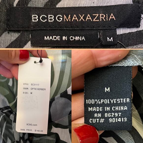 BCBGMAXAZRIA Chiffon Top V-Neck Abstract Black Gray Short Sleeves Neck Tie NWT - Picture 5 of 8